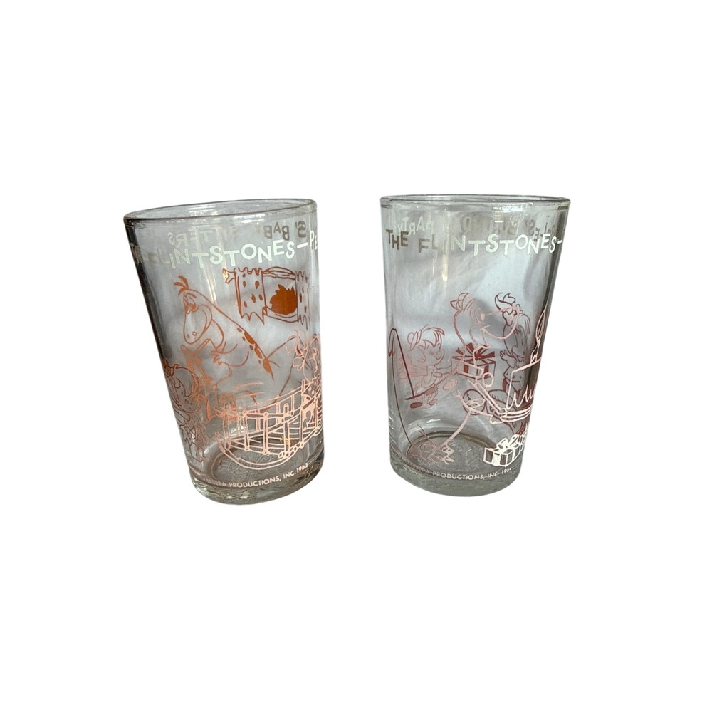 Vintage 1963 1964 The Flintstones Pebbles Bamm-Bamm Jelly Jar Glasses Set of 2